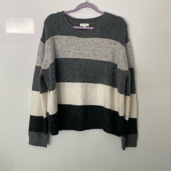 A Loves A Anthropologie Women’s Sweater Boxy Oversized Gray Ivory Black Stripe - Picture 1 of 4